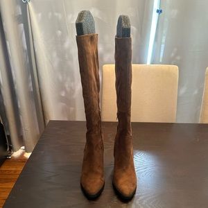 Size 8 faux suede knee high boots, cognac brown.